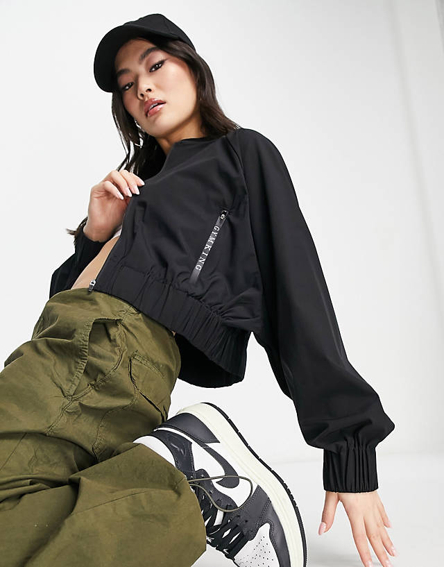 Gym King - linear taped woven oversized bomber jacket in black