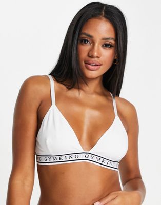 Gym King Lounge triangle branded tape bra in white