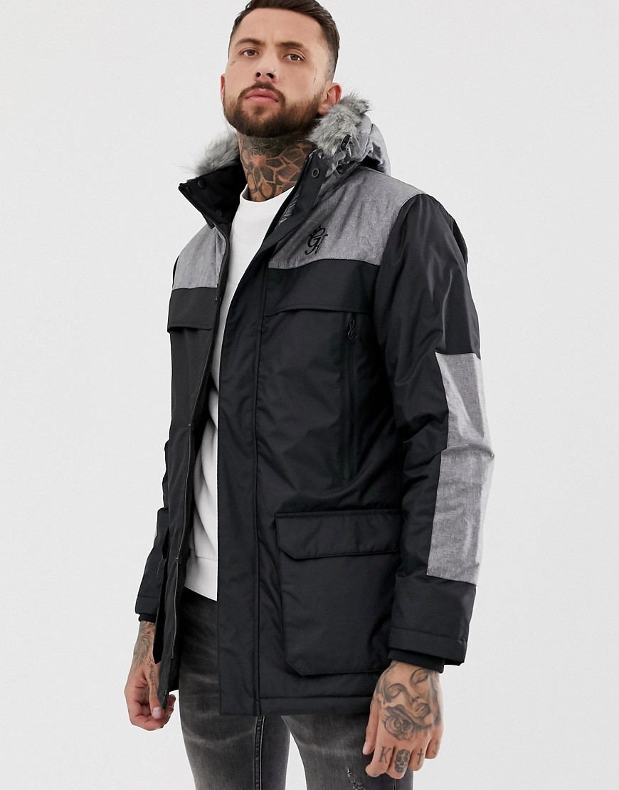 Gym King panelled parka jacket with faux fur trim hood-Black