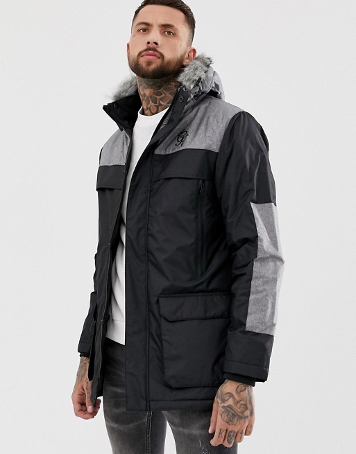 Gym King panelled parka jacket with faux fur trim hood