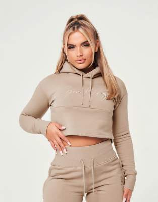 Gym King Sky script cropped hoodie in mink  - ASOS Price Checker