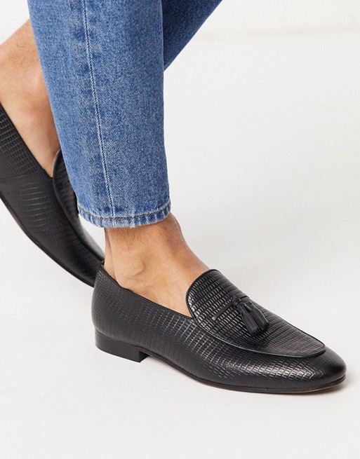 H By Hudson bolton tassel loafers in embossed black leather