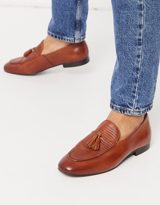 H By Hudson bolton tassel loafers in embossed tan leather