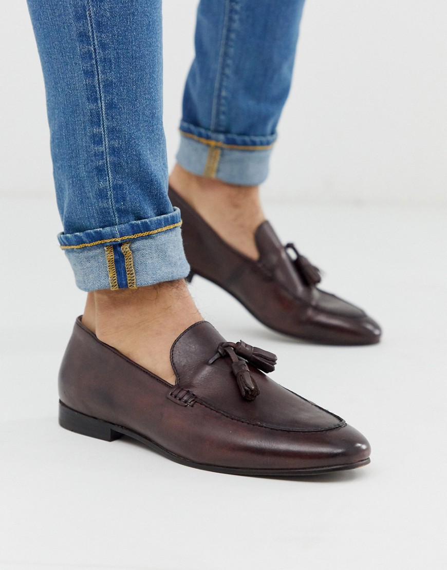 H by Hudson Bolton tassel loafers in wine leather-Red