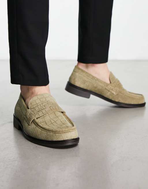 H By Hudson – Brawley – Olivgröna, krokodilskinnsmönstrade loafers i mocka, exklusivt hos ASOS