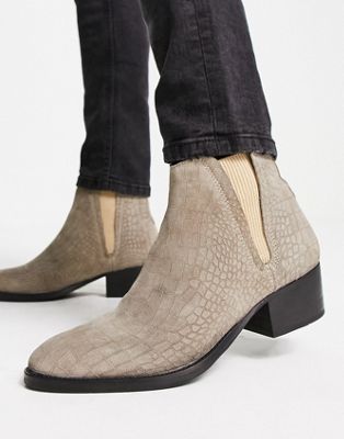 H by Hudson Exclusive Abram cuban chelsea boots in beige croc embossed suede-Neutral