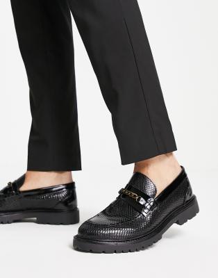 H by Hudson Exclusive Alec chain snake embossed leather loafers in black