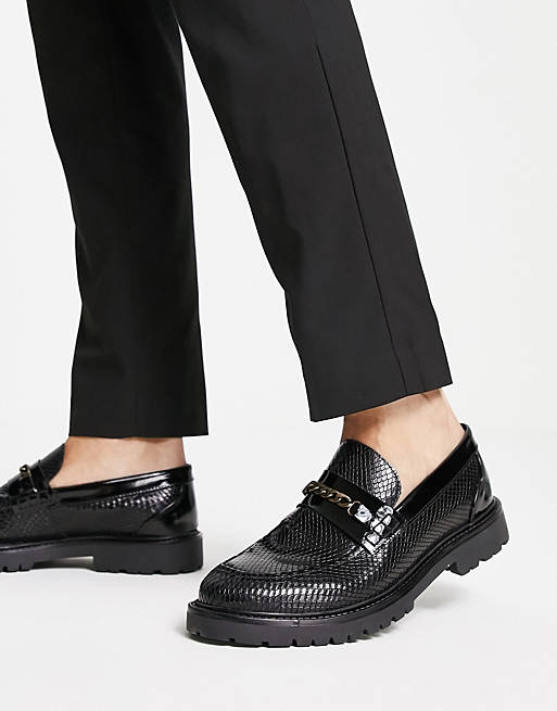 H by Hudson Exclusive Alec chain snake embossed leather loafers in black 