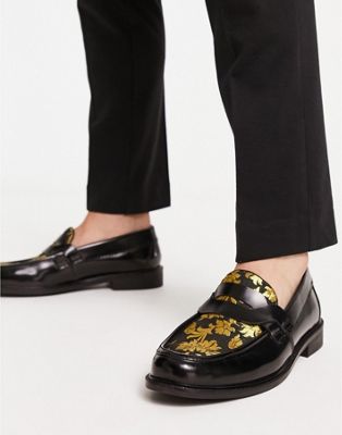 H By Hudson Exclusive Alex Loafers In Black Gold Brocade