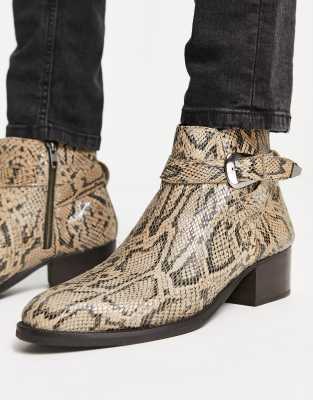  Exclusive Asher cuban strap chelsea boots in beige snake embossed leather  