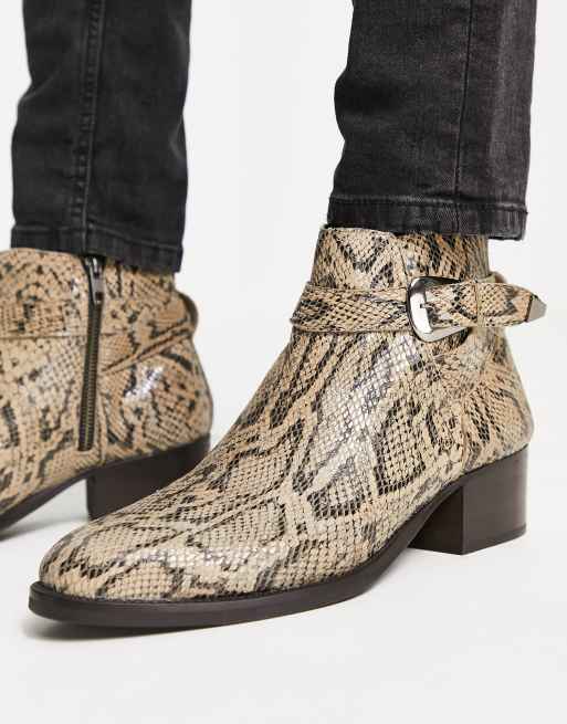 H by Hudson Asher cuban strap chelsea boots in beige snake embossed | ASOS