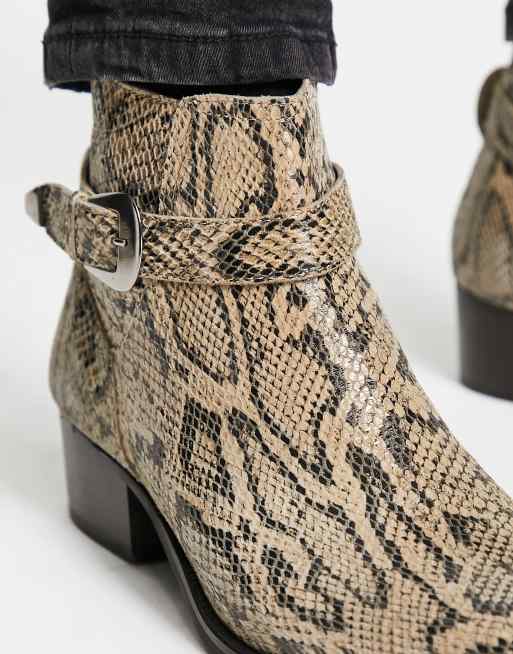 H by Hudson Exclusive Asher cuban strap chelsea boots in beige snake embossed leather