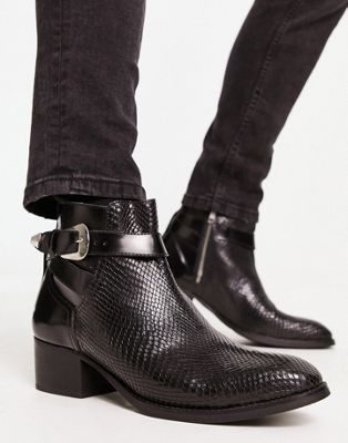 H by Hudson Exclusive Asher cuban strap chelsea boots in black snake embossed leather