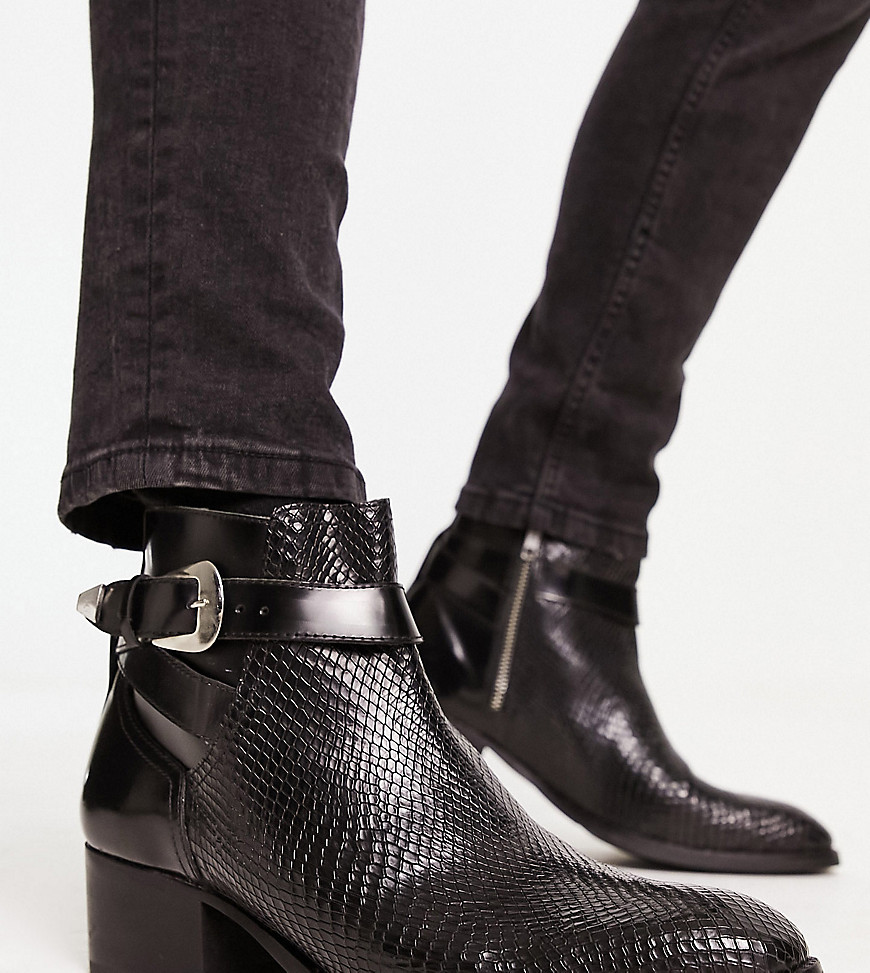 H By Hudson Exclusive Asher Cuban Strap Chelsea Boots In Black Snake Embossed Leather
