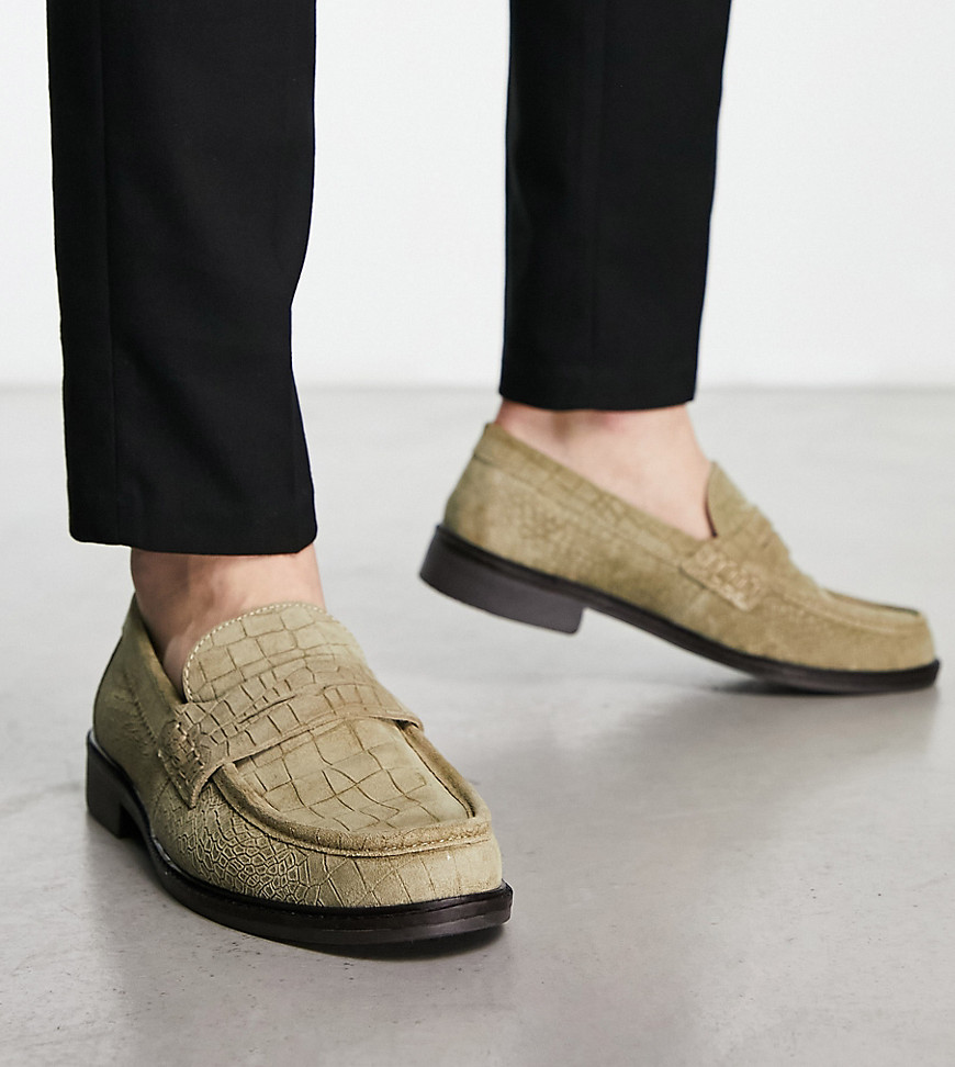 h by hudson exclusive brawley loafers in olive croc suede-green