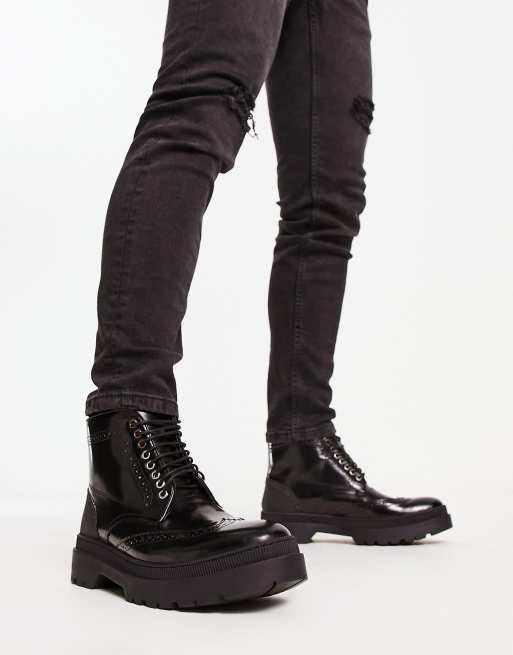 H by Hudson Exclusive brogue boots in black | ASOS