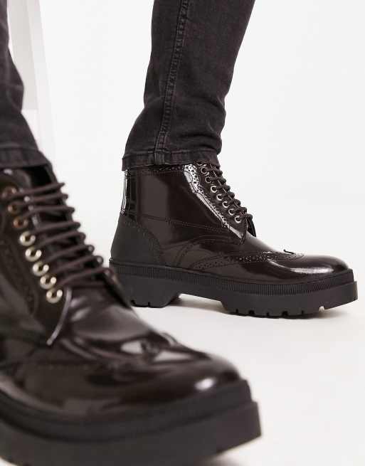 black patent brogue boots