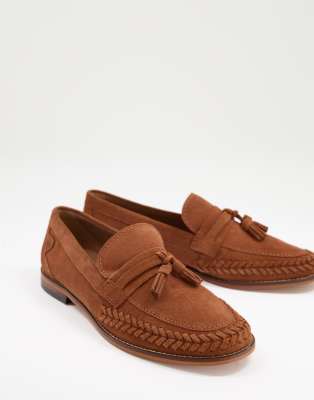 New H by Hudson Guilder men\'s suede woven tassel loafers in tan Brown Suede Bolton Tassel Loafers - TK Maxx UK main image 3