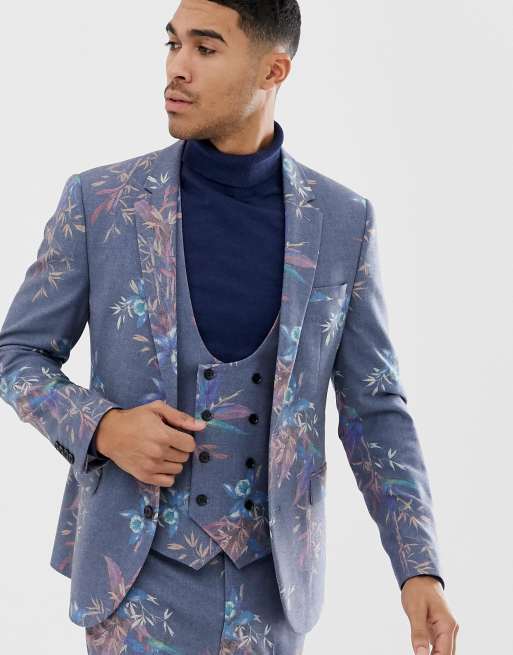 Jakkesæt med smal pasform i blå uldblanding med blomsterprint fra ASOS DESIGN, 2 af 3