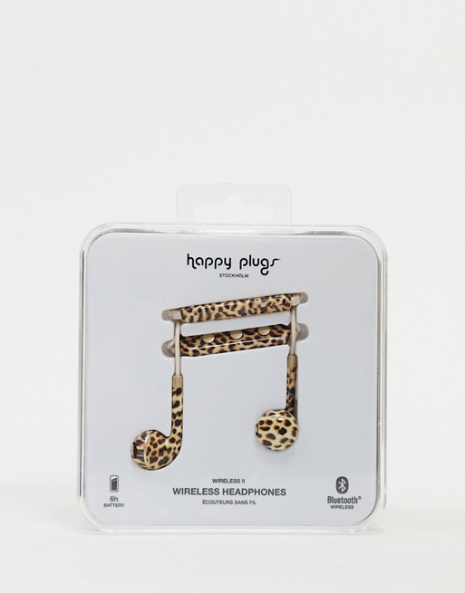 Happy Plugs wireless II earphones in leopard