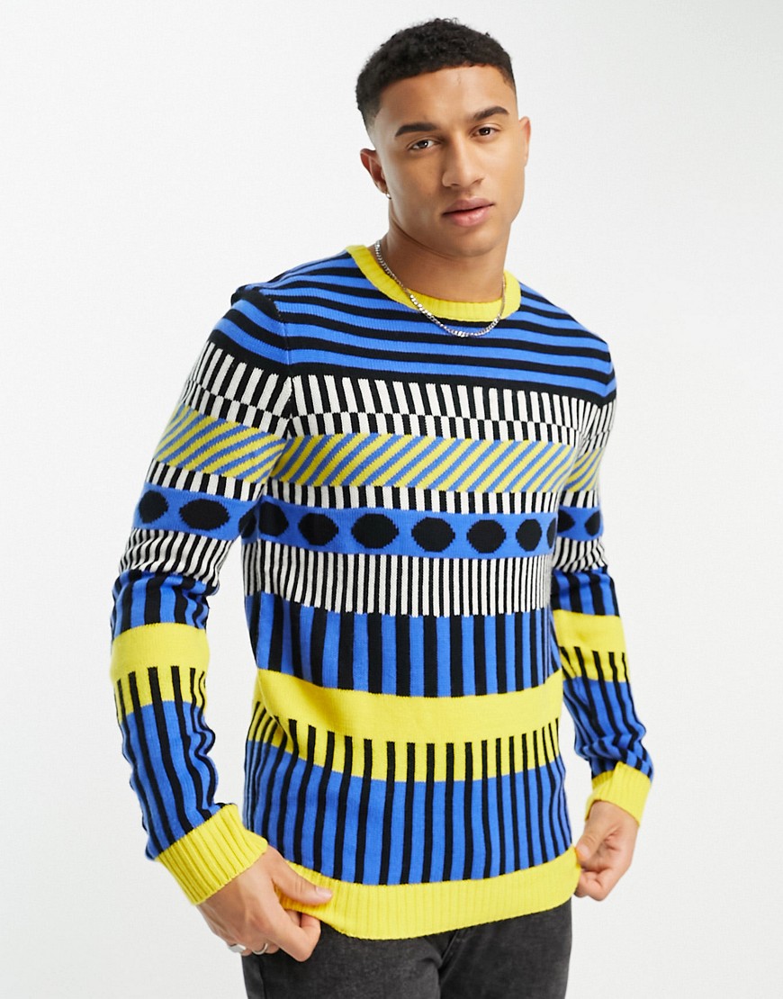 Harry Brown abstract print crew neck jumper in blue and yellow-Multi