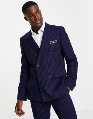Harry Brown blue pinstripe slim fit double breasted suit jacket
