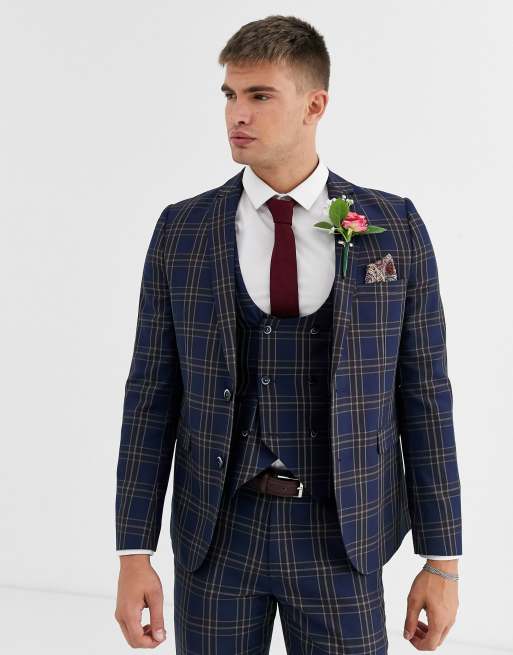 Harry Brown - Slim-fit bruiloftskostuum met ruitpatroon in blauw/bruin, 3 van 4