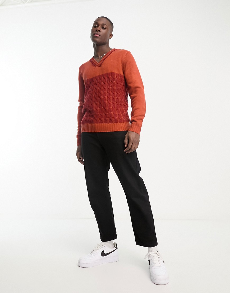 Harry Brown cable knit v neck jumper in orange-Multi