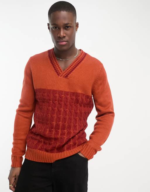 Mens orange v 2025 neck jumper