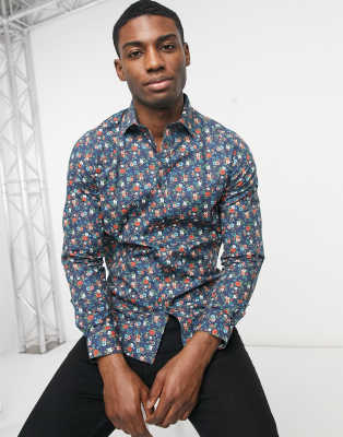Harry Brown - Camicia slim a fiori blu navy