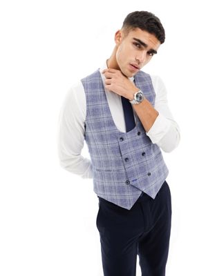 Harry Brown check skinny fit double breasted horseshoe waistcoat in light blue