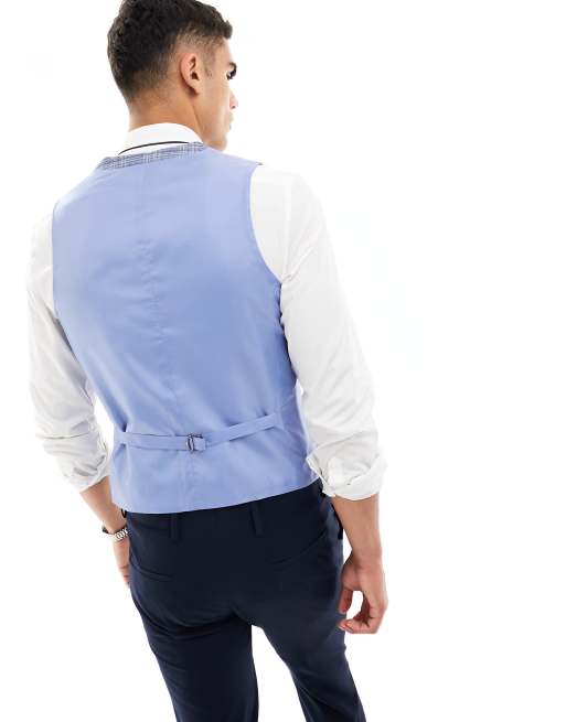 Harry Brown check skinny fit double breasted horseshoe waistcoat in light blue ASOS