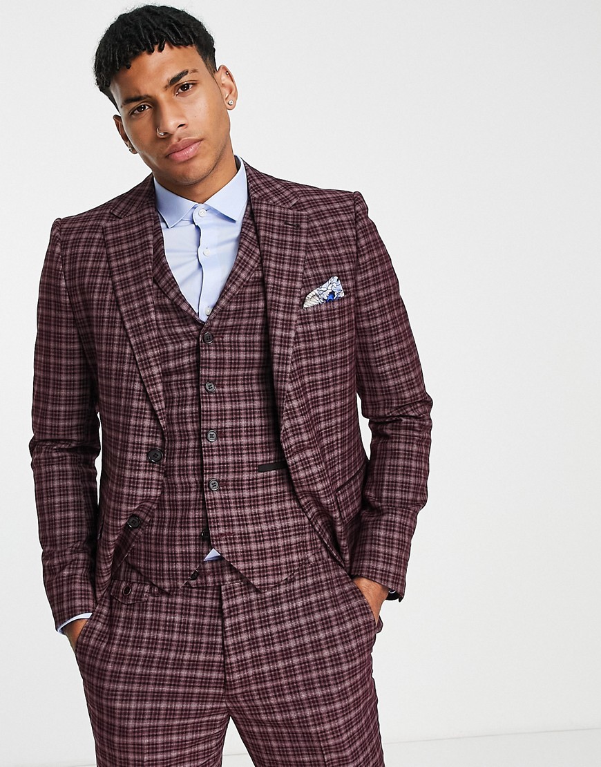 Harry Brown check skinny fit suit jacket-Red