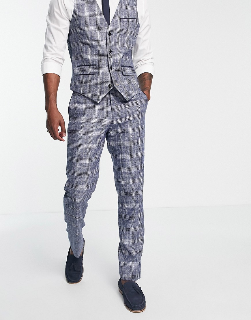 Harry Brown Checked Slim Fit Suit Trousers-Navy