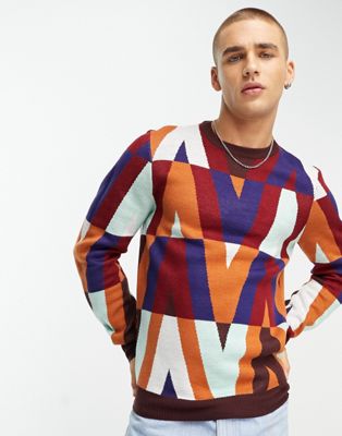 Harry Brown classsic crew neck jumper in multi abstract print