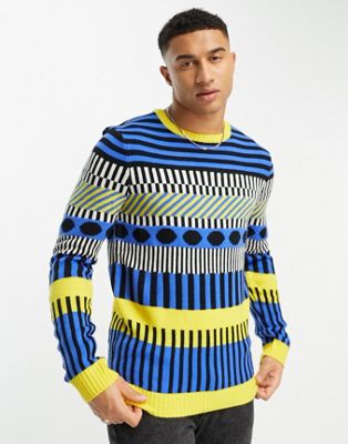 Harry Brown abstract print crew neck jumper in blue and yellow