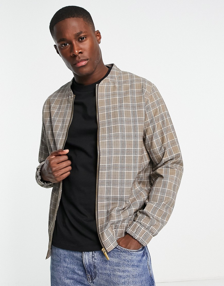 collarless bomber jacket in beige check