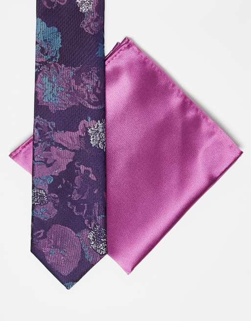 Harry Brown - Cravate à fleurs et carré de poche uni - Violet