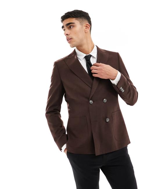 Harry Brown - Dobbeltradet habitjakke i brun hør i slim fit
