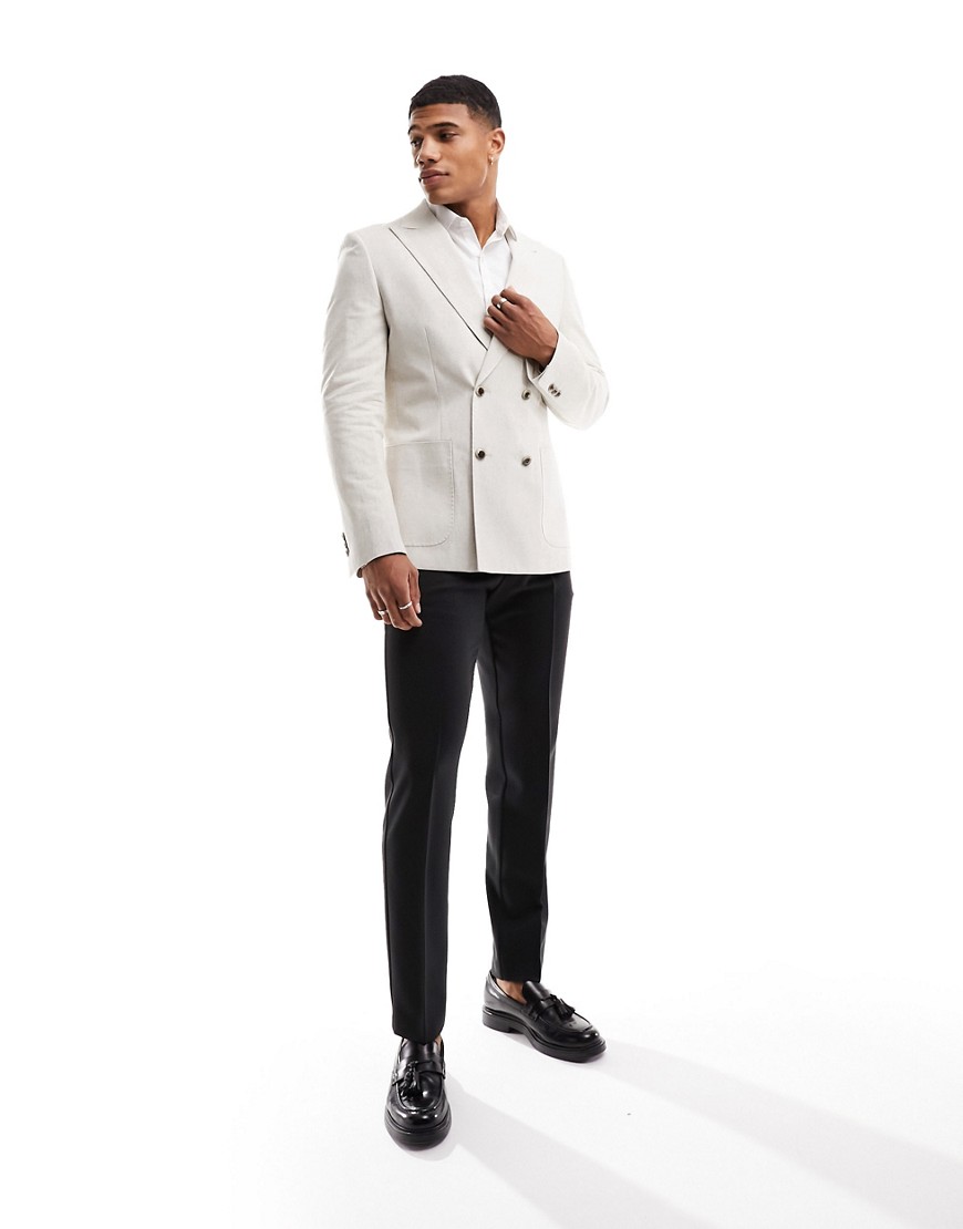 Harry Brown double breasted linen slim fit suit jacket in ecru-White