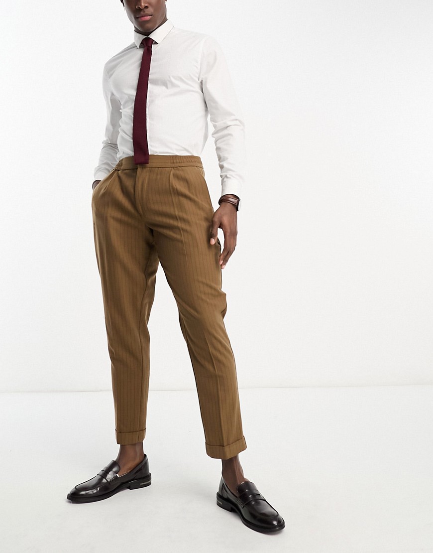 Harry Brown double breasted slim fit cropped pants with elasticated waistband in brown pinstripe
