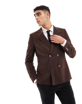 Harry Brown double breasted slim fit linen suit jacket in brown - ASOS Price Checker