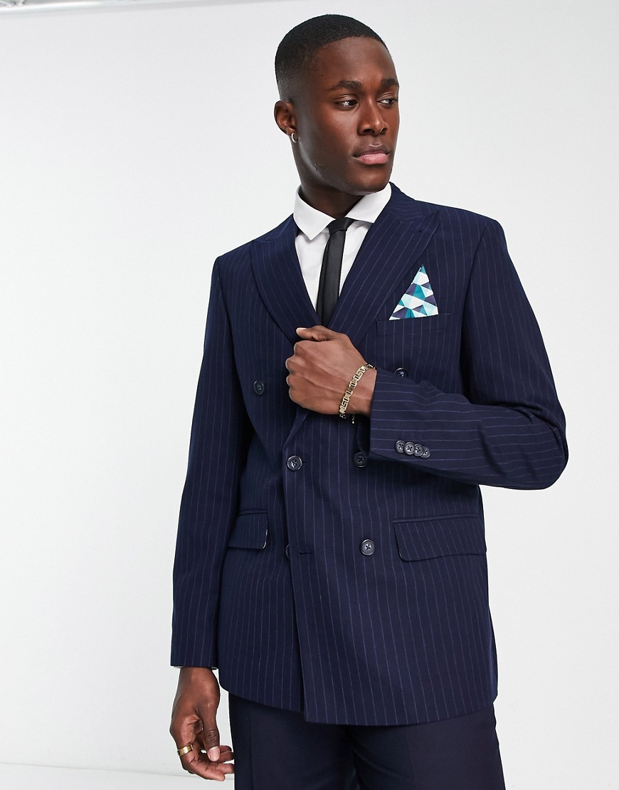 Harry Brown double breasted suit jacket in pinstripe blue
