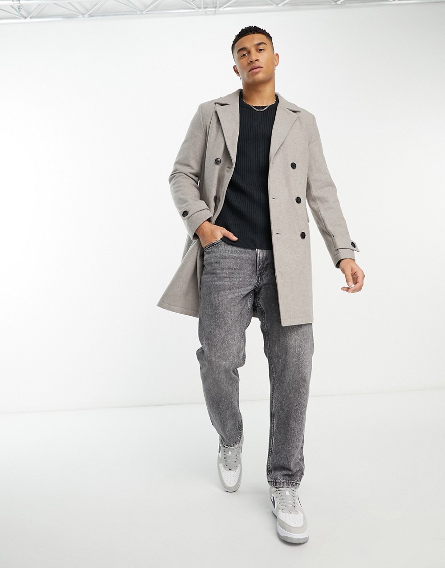 double breasted wool mix overcoat in gray
