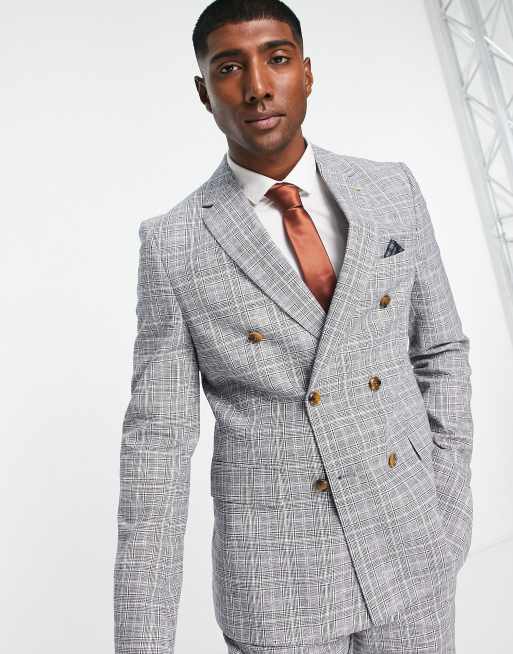 Harry Brown - Geruite slim-fit double breasted colbert in lichtgrijs