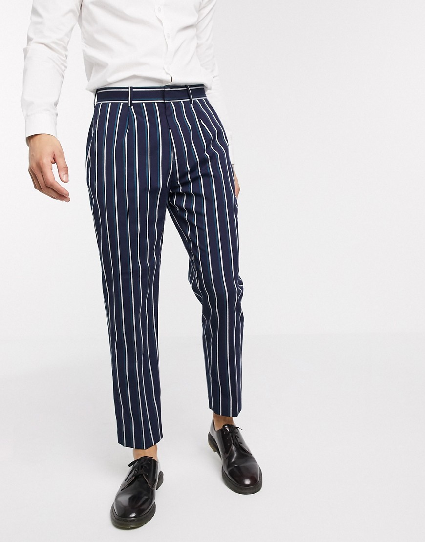 Harry Brown - Gestreepte cropped broek met losvallende pijpen en plooi-Marineblauw