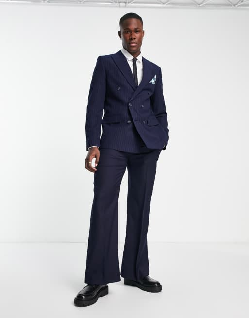 Harry Brown Giacca da abito doppiopetto blu gessato ASOS