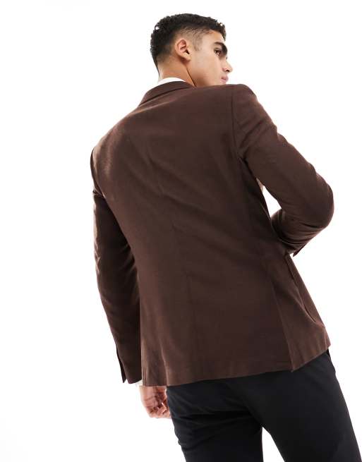 Harry Brown - Giacca da abito doppiopetto slim fit marrone effetto lino, 3 di 5
