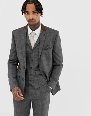 Harry Brown – Gråbrun kostymjacka med kontrastkant och smal passform