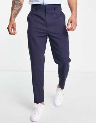 Harry Brown high waisted pleated linen trousers in navy